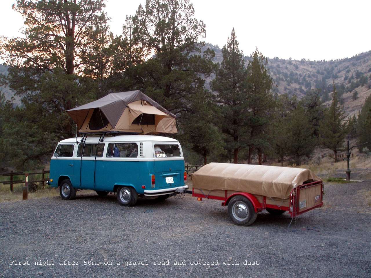 Crooked River at Sunset after 50mi on an extremely dusty gravel road. The tent on top stayed dust free while everything in the trailer was saturated with dust.