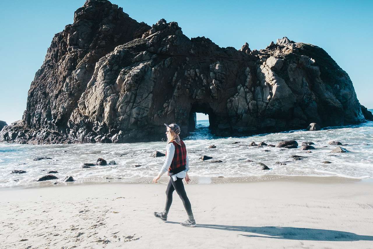 10-minute drive from the campground to Pfieffer State Beach where you can see natural sea arches and purple, yes, purple sand. 