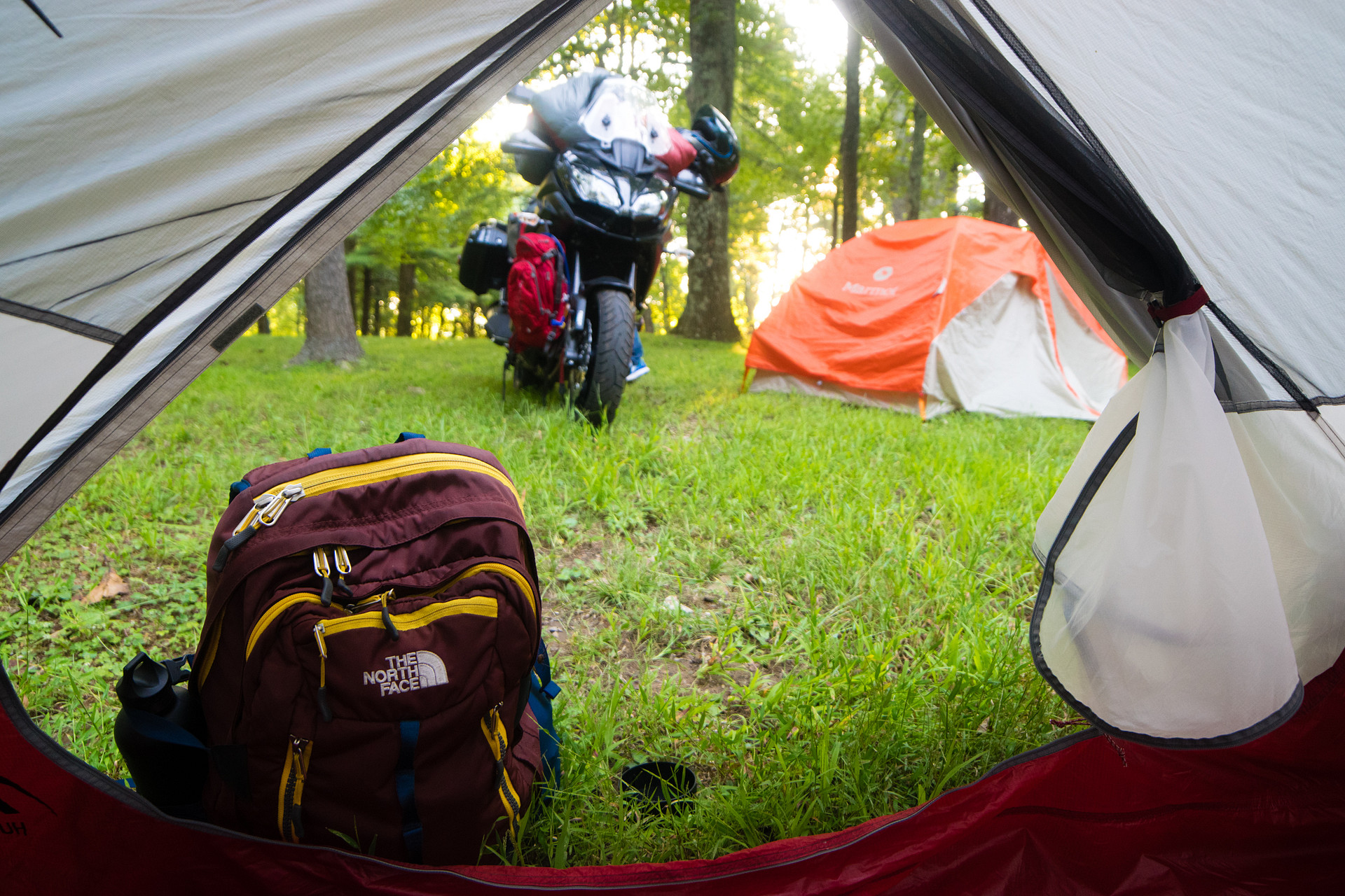 My group motorcycling trip up to DC via the entire Blue Ridge Parkway. A excellent camping spot just past the VA border. 