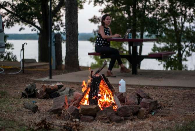 Editing some photos by the campfire. 