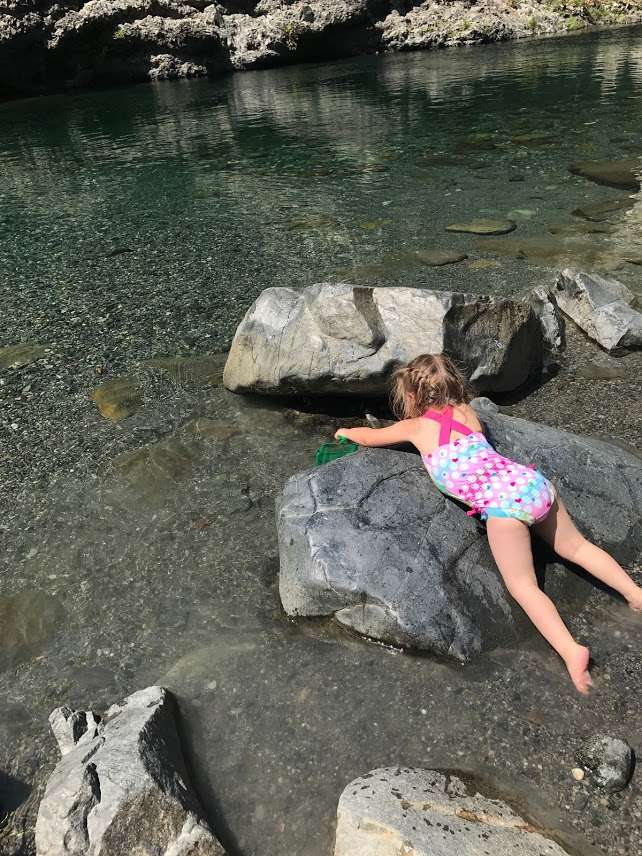 Splashing in the cool shallow water; No pincher bugs here! 