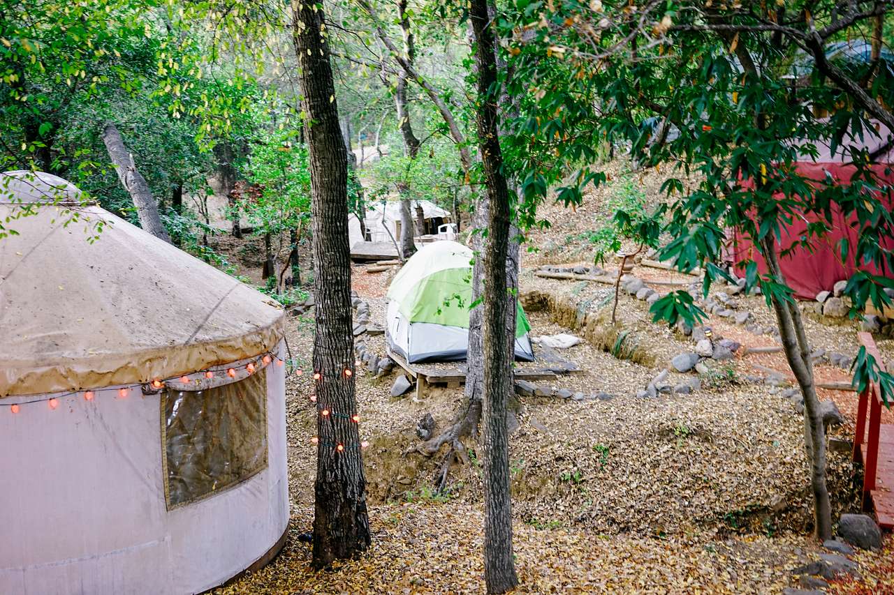 Next to the yurts are wooden platforms you can set your tent up. 