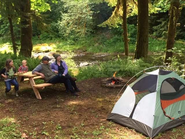 Picnic table. tent spot, and firepit overlook the river.