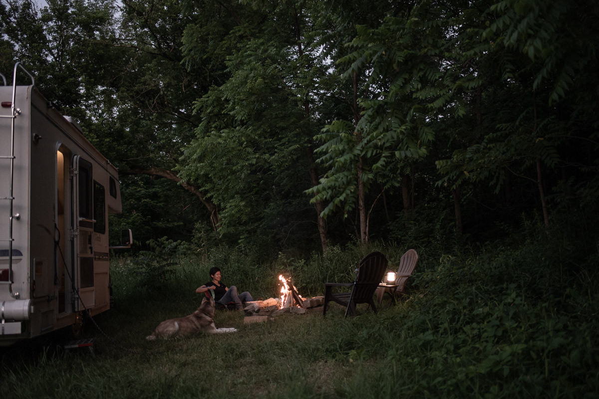 We parked our camper by the fire ring tucked into the woods, which was perfect for an evening fire