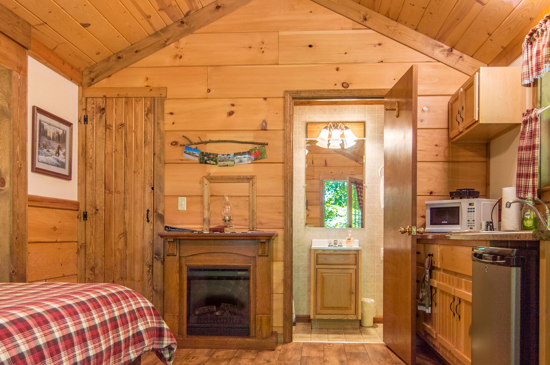 Standing just inside entrance looking straight in front of you. Kitchenette to the right, bathroom left of the kitchenette, closet to the left of electric fireplace, and bed on far left in photo. 