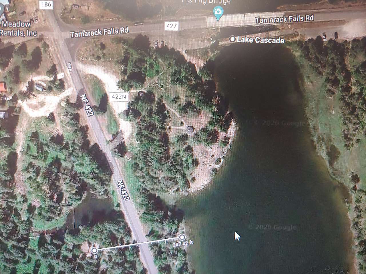 Google view of the area around the campsite. As you can see at the bottom of the photo, the campground is only 250 feet from Lake Cascade/Fishing Bridge Park. The road going north allows access to the off-road trails. You can ride directly from the campground.