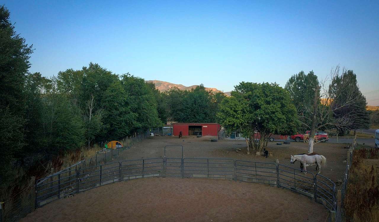Aerial shot from the parking area overlooking the property. Campsite is on the left side of the photo.