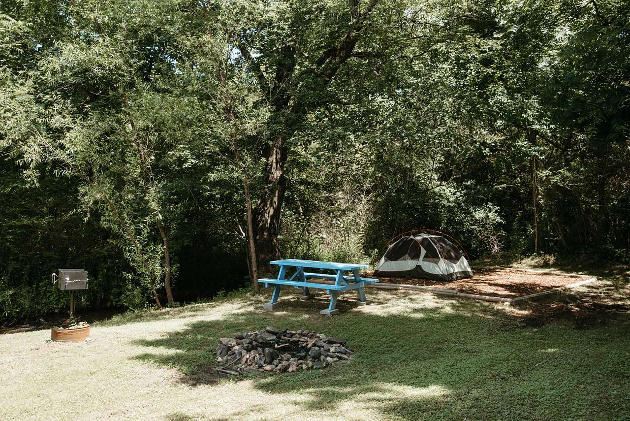 Campsite has a nice picnic table, fire pit, tent platform, and a grill.
