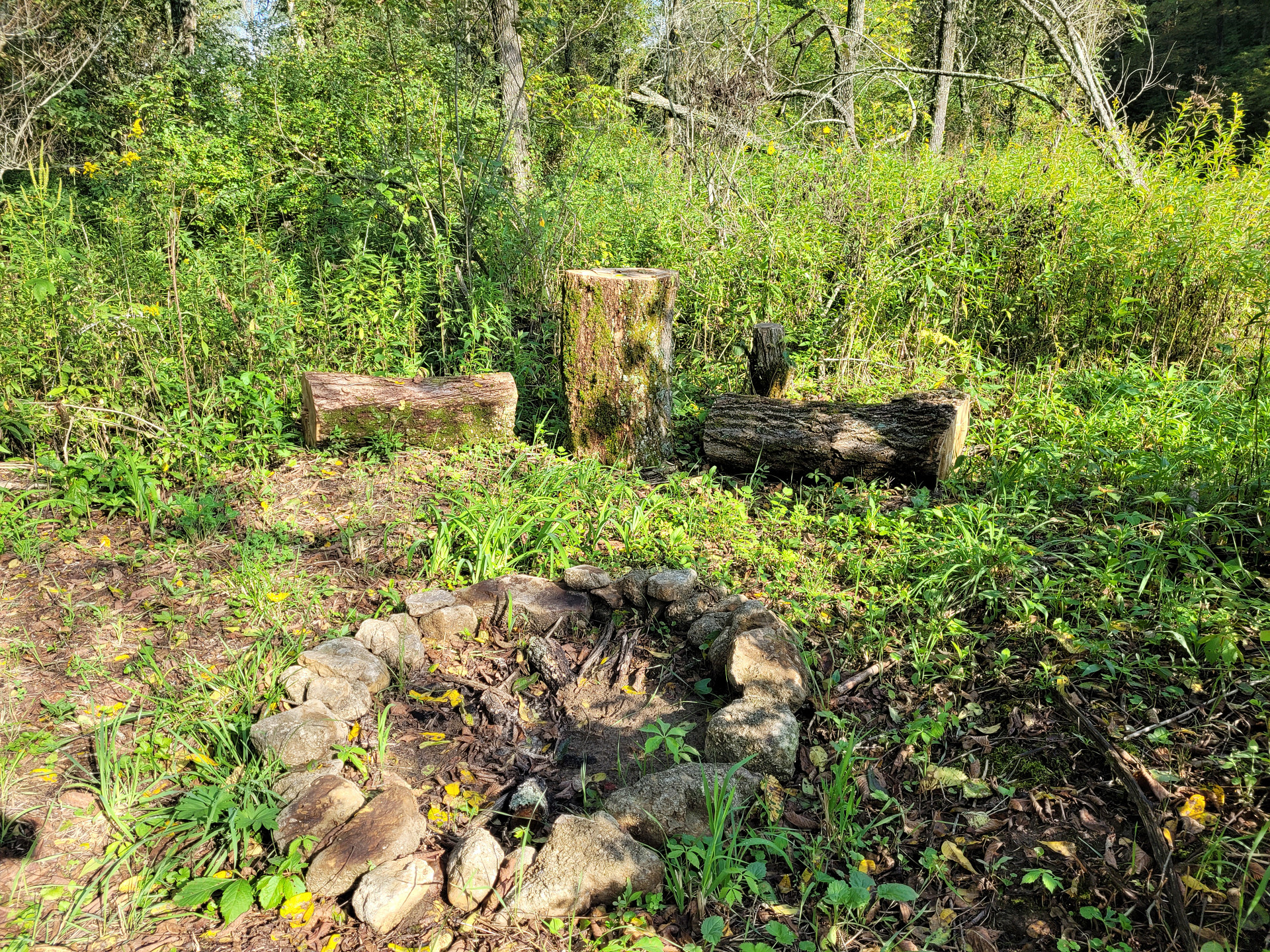 private fire pit with log seating. A wheelbarrow of firewood provided.