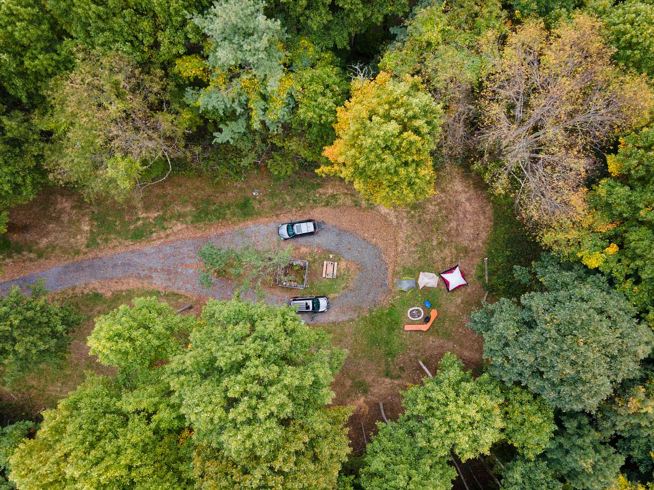 Aerial view looking down at campsite.