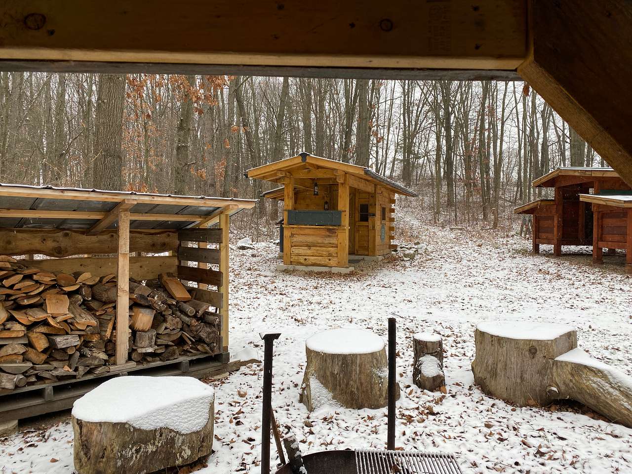 View of small cabin from fire