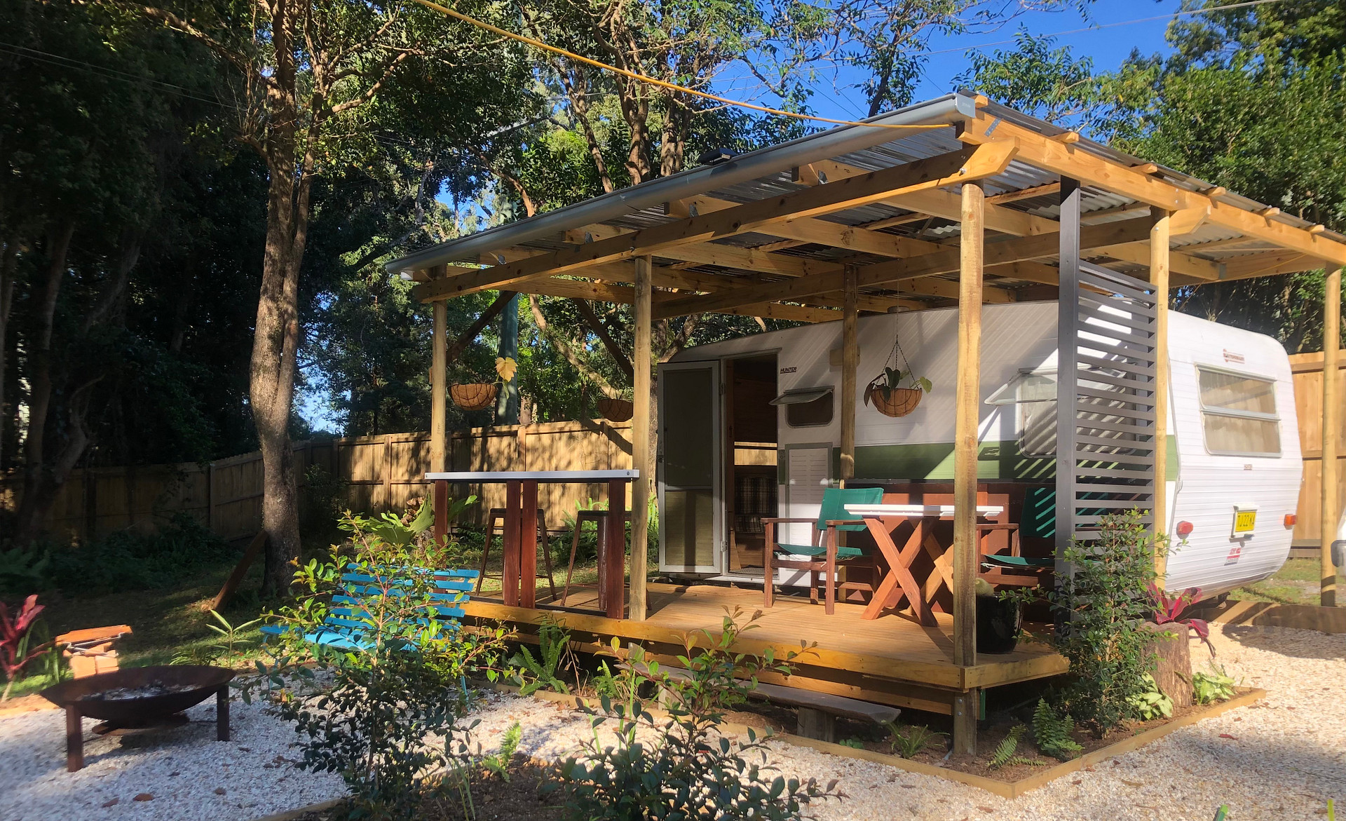 Private, clean van with deck and fire pit