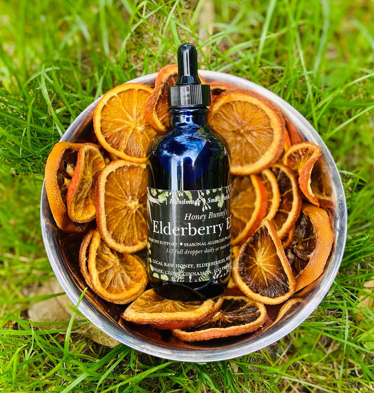 Elderberry strengthens the immune system, fights seasonal allergies, aids in digestion and has anti-inflammatory properties. We make it on site in small batches using our citrus honey & all organic products 