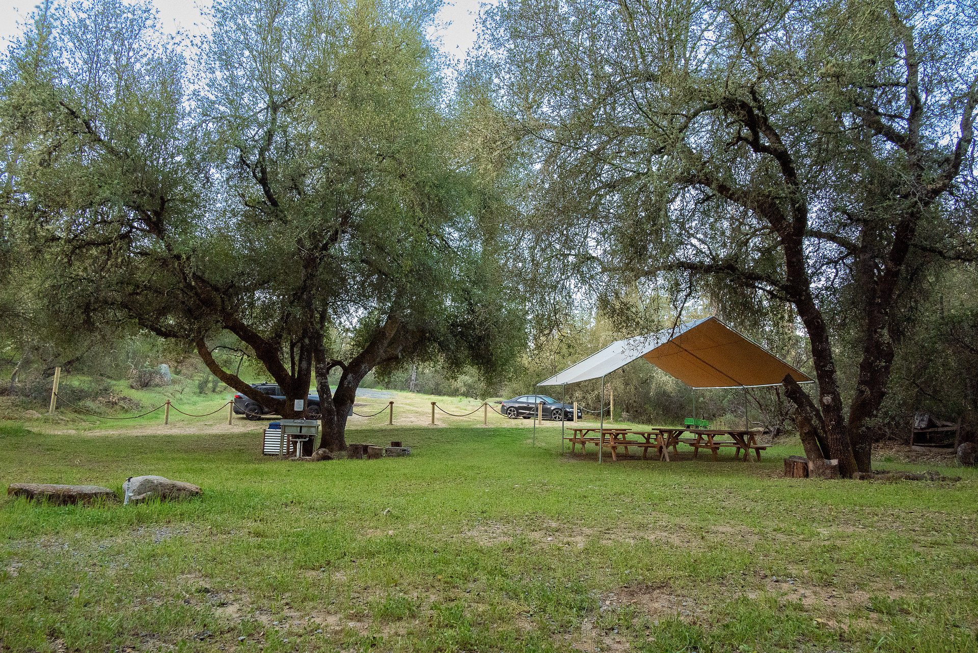 Oak campsite overview; sink, trash, canopy, tables, fireplace, and water hookup