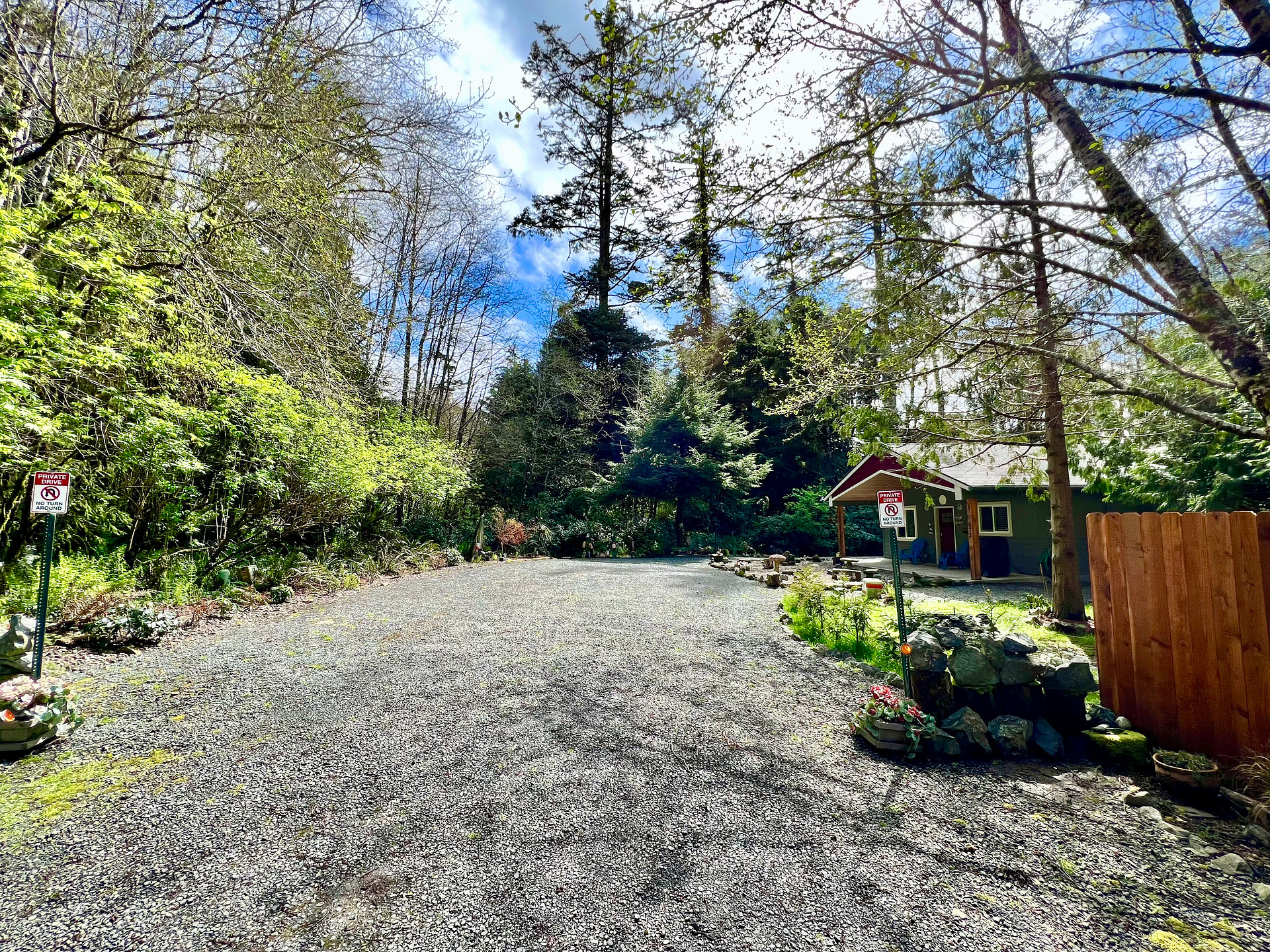 Property at end of dead end street, bordered by forest and hundred year old trees