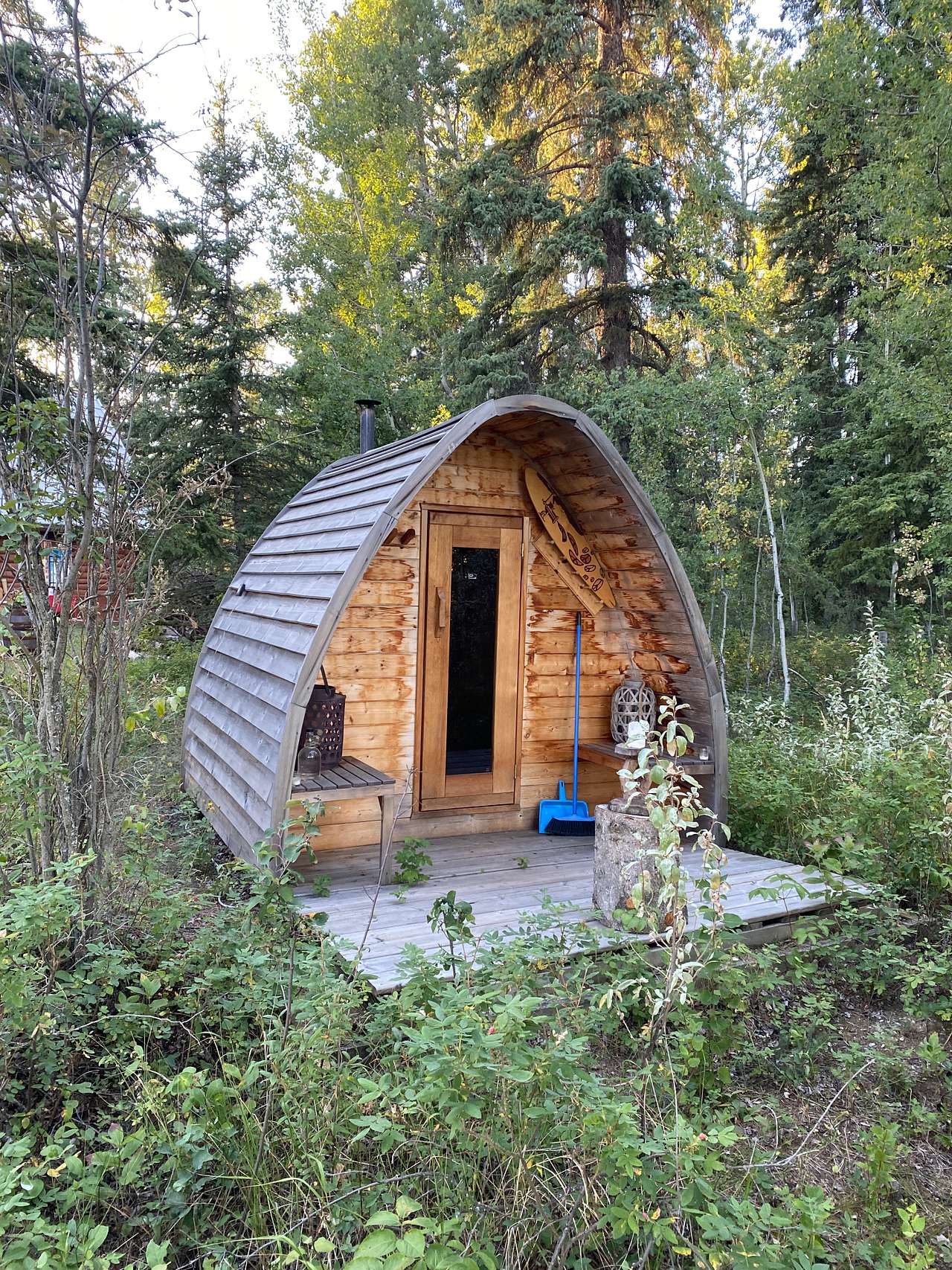 Our Wood Fired Sauna with a view is always an option on chillier days for a $30 fee (can be shared with others). This includes drinking water, a water bucket with essential oils for the rocks and towels.