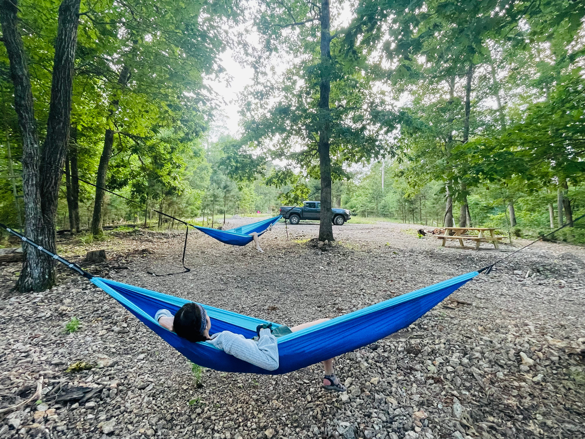 Campsite #2. Spacious, and shaded! Hammocks available to rent for $5 per night.