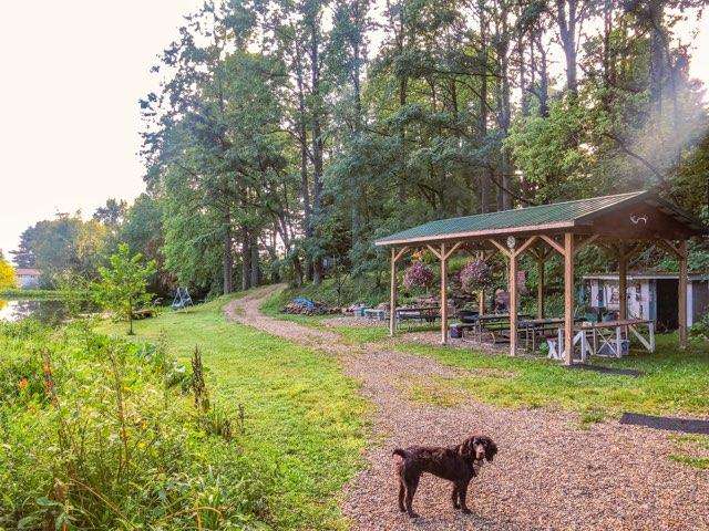 Our pavilion area with picnic tables, fire pit, and waterfall
