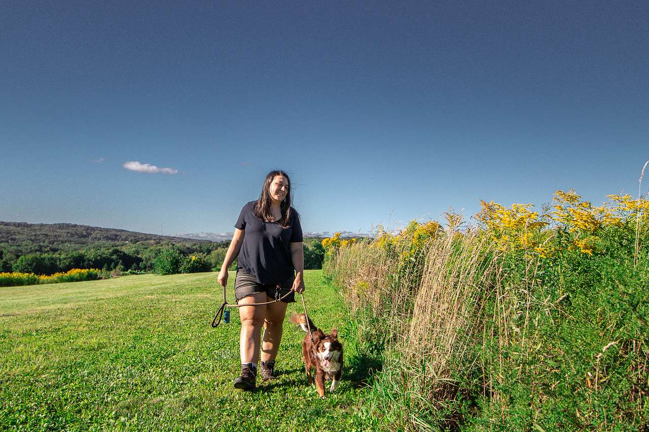 Walking our dog along the flowers
