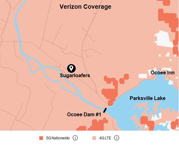 Coverage for Verizon is 4GLTE at Sugarloafers.  Take a short drive up to Ocoee Dam#1 for 5G Nationwide coverage.  T-Mobile is not available.
