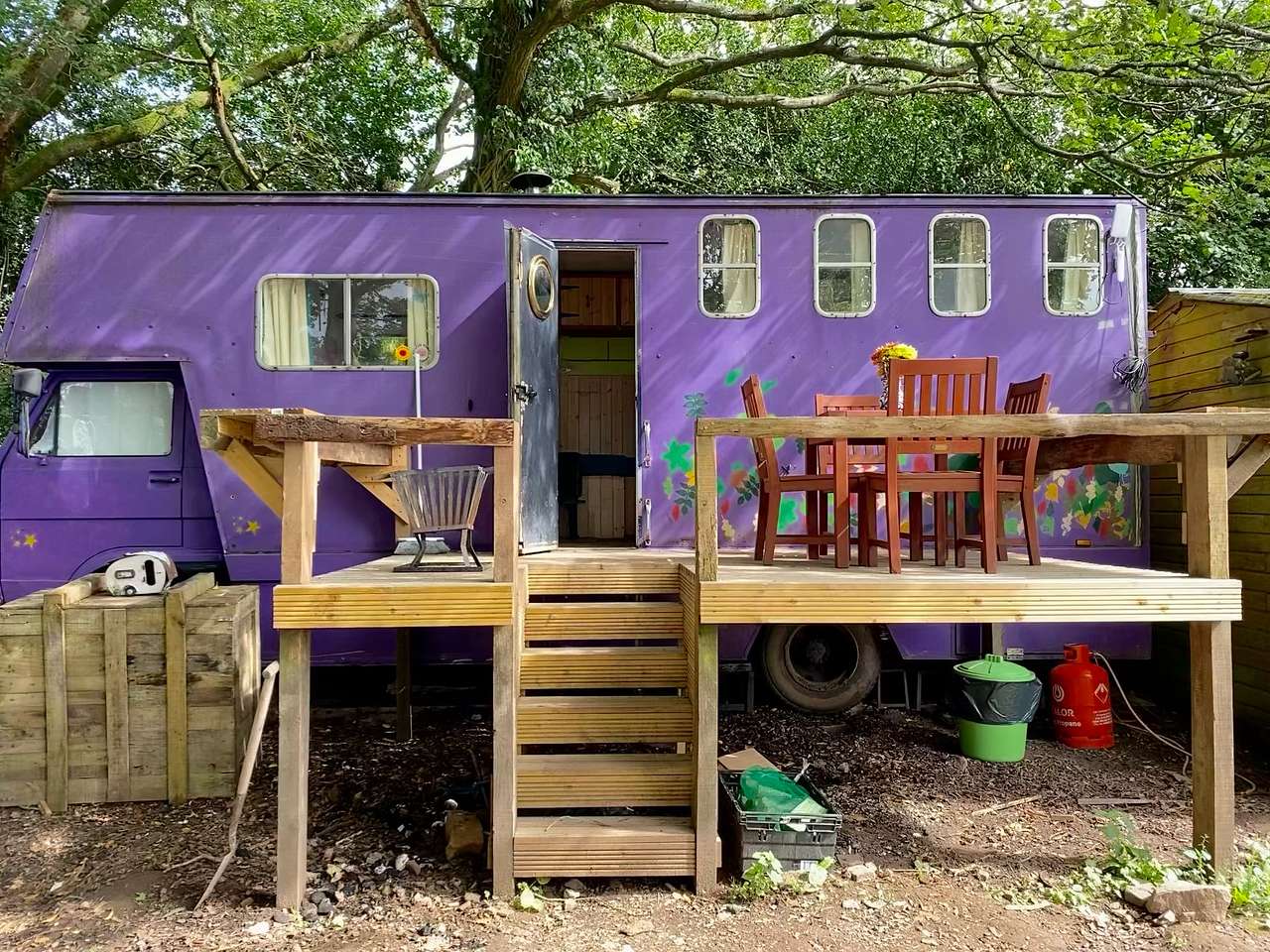 Horsebox terrace nestled in our oak copse with far reaching views of Wye Valley.