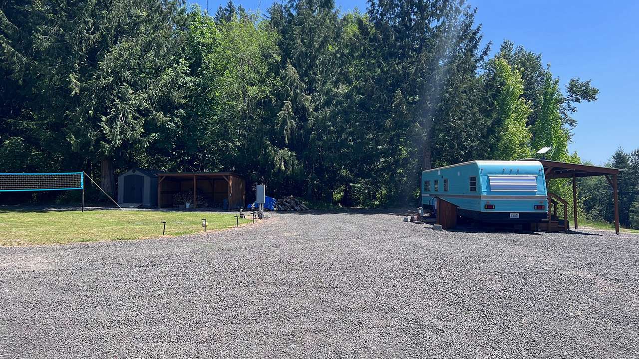 RV site next to vintage trailer lodging. View to the east.