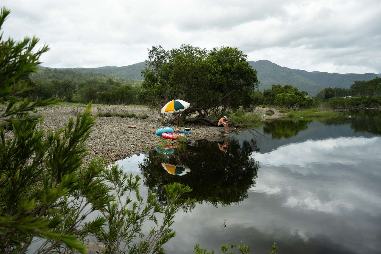 River, mountains, floaties and fishing. 
