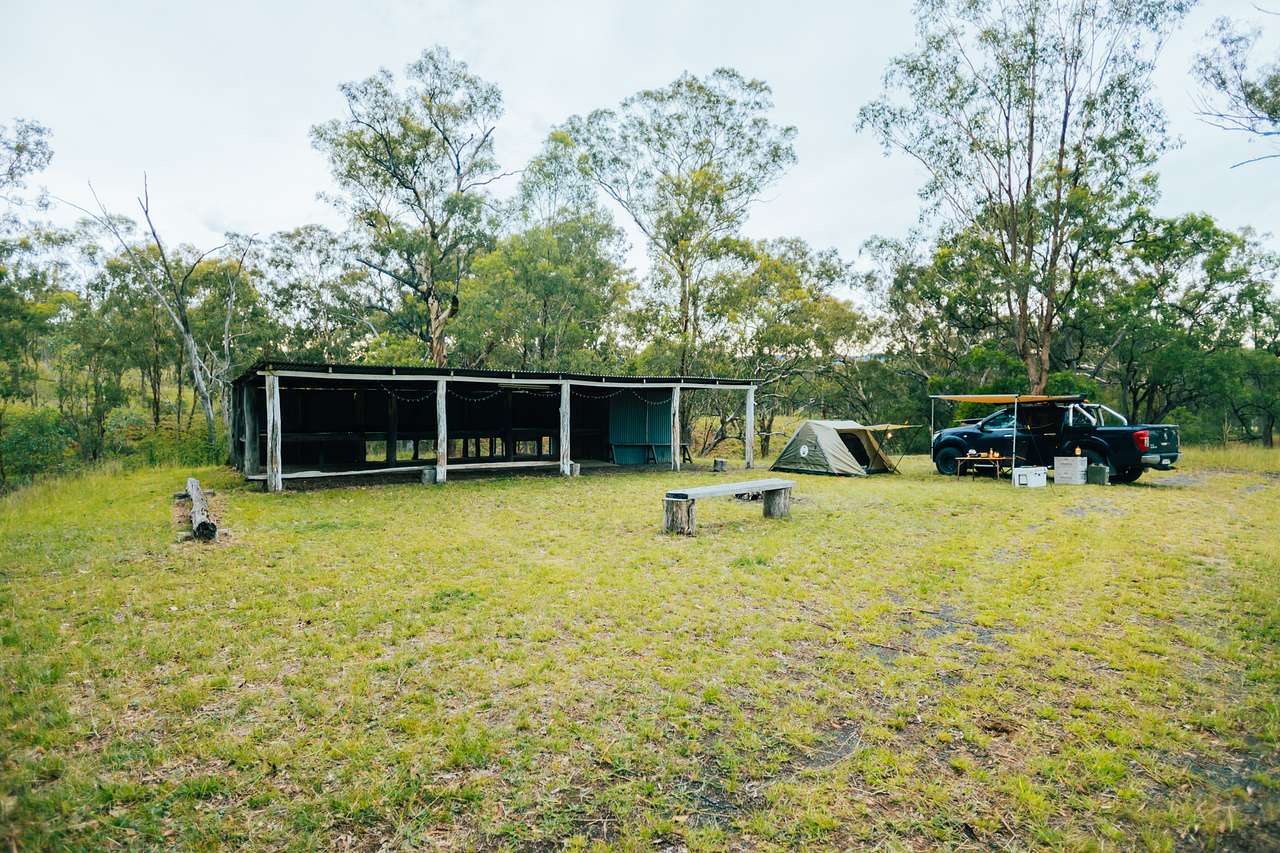 view of the camp setup and the shed