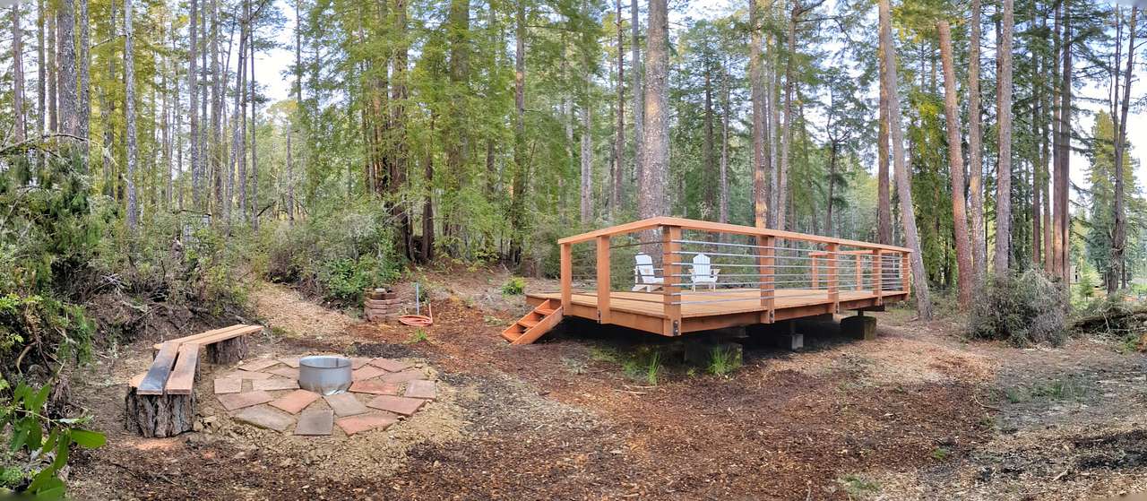 fire ring, water, forest deck