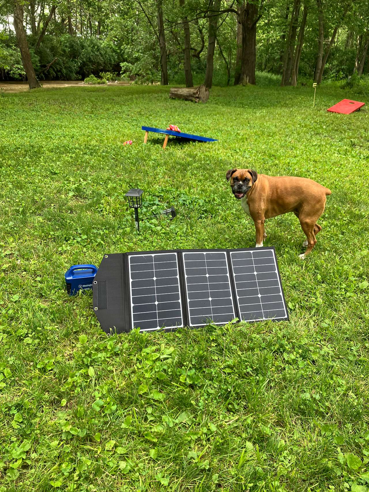 Time for cornhole while we charge our phones😀 We bought our portable generator and its compatible solar panels for our phones and air pump. Great wireless connection at this location 