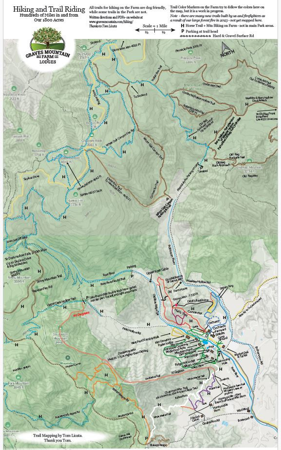 Map of Trails on or accessed from Graves Mountain Farm & Lodges - next to Shenandoah National Park.  PDF > https://www.gravesmountain.com/