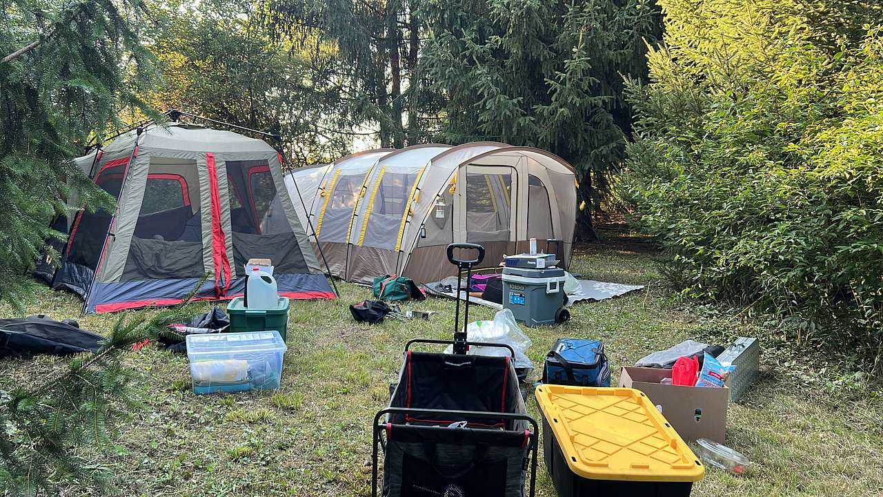 Found a nice flat area for 2 large tents. There are other areas for smaller tents. Would recommend placing a tarp under your tent for the sharp twigs and things. 
