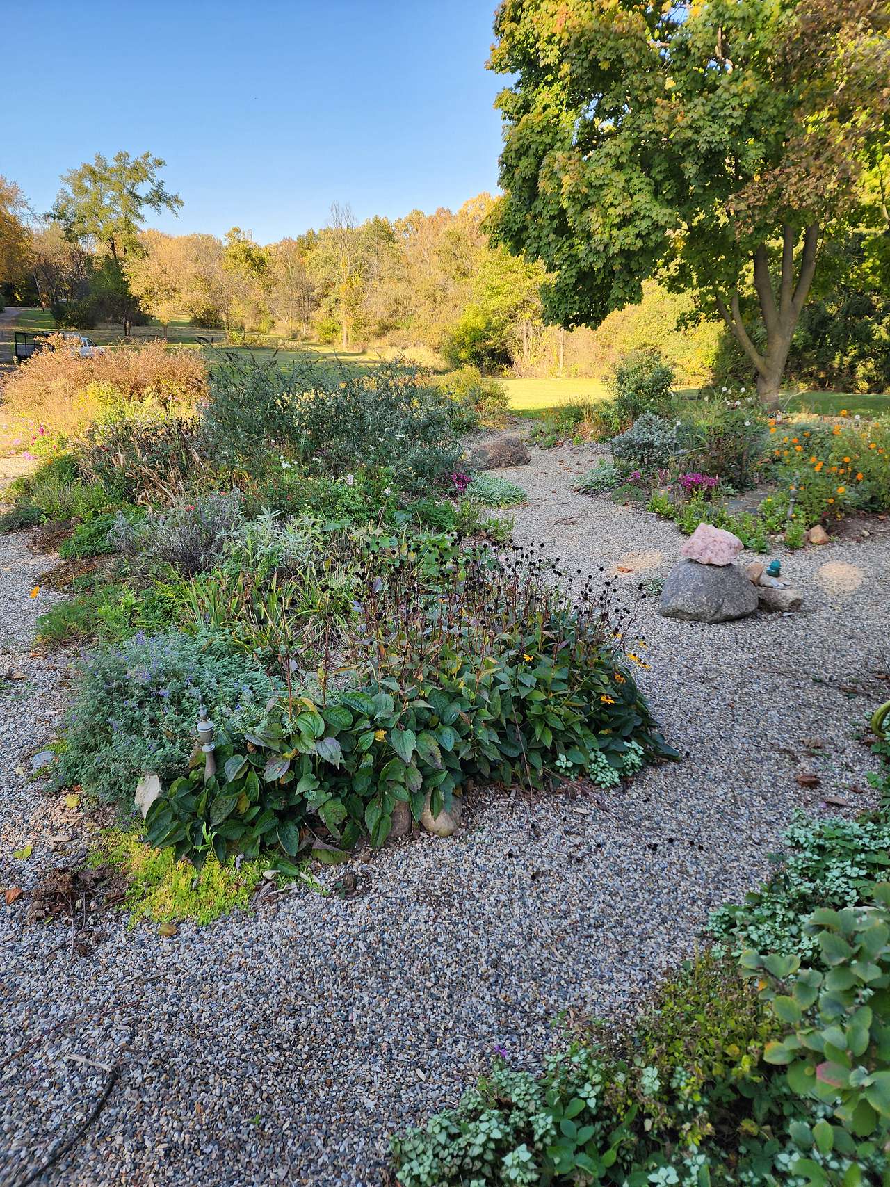 This is the flower garden walking paths.  In the background, meadow with walking paths and the The Farm Shed with fresh produce available.