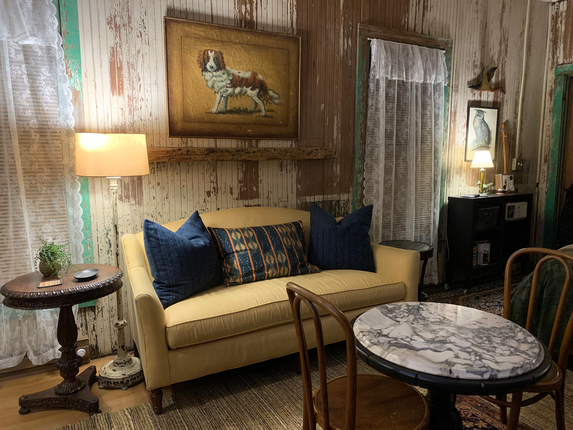 Your living room includes a down-cushion loveseat. 