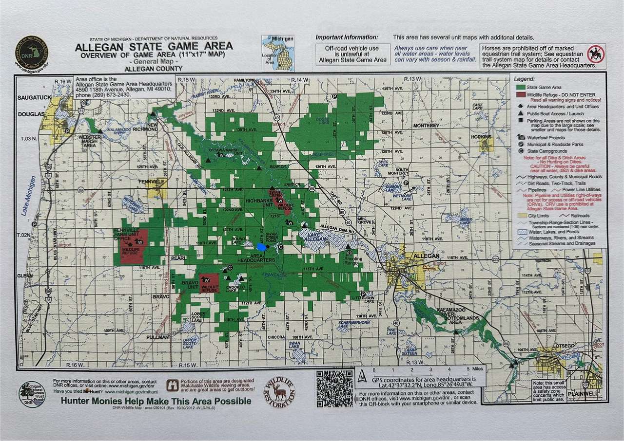 Map of Allegan State Game Area. Blue dot in center marks camping sites. 