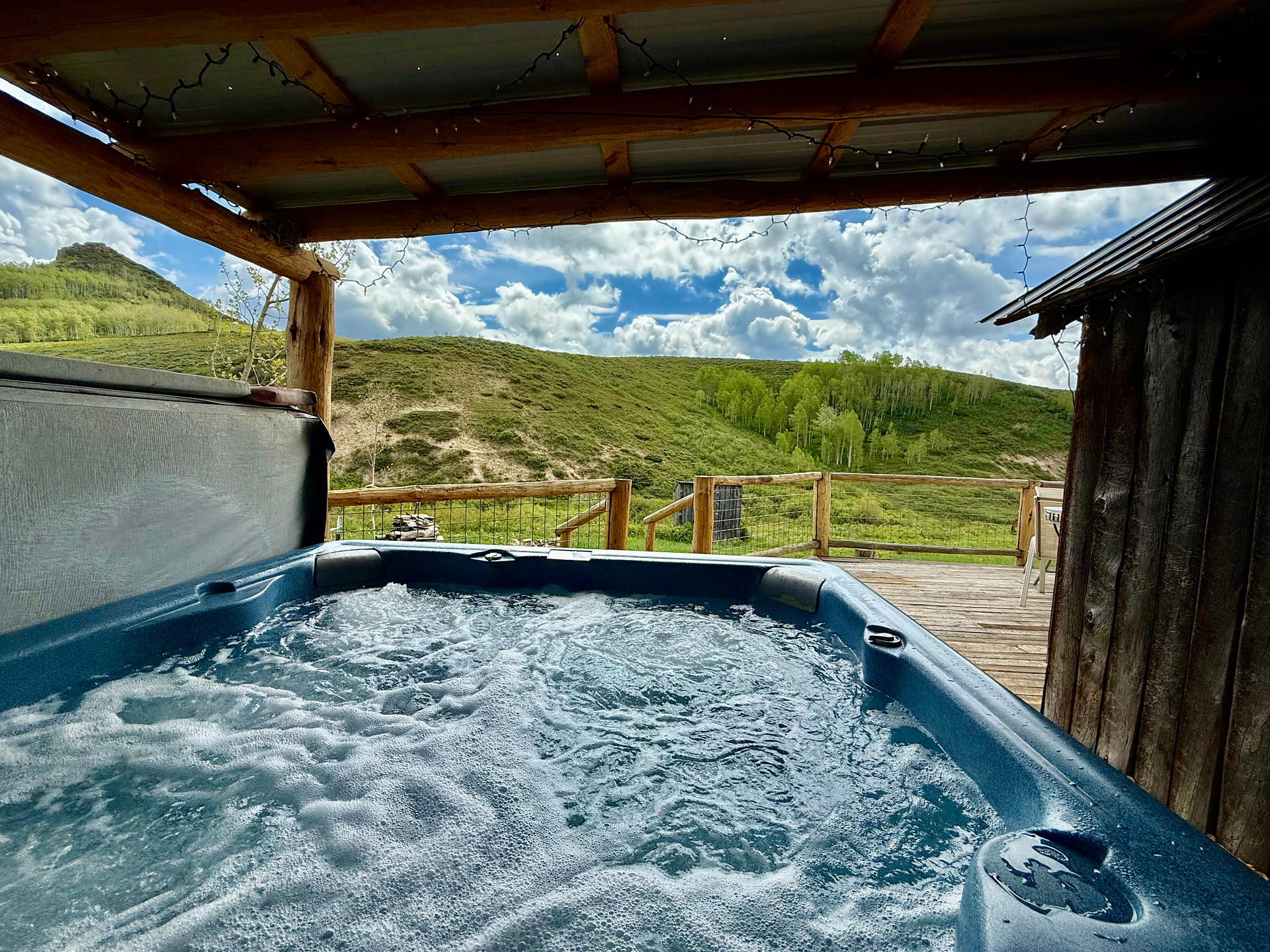 Guests can enjoy a soak in our hot tub after a day of adventures at the shared Hitchin' Post.