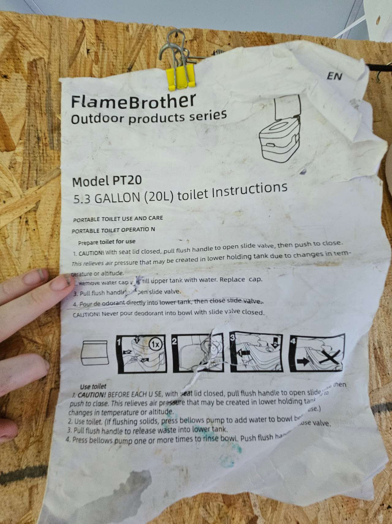 How to use cassette toilet. Bottled water is provided for flushing