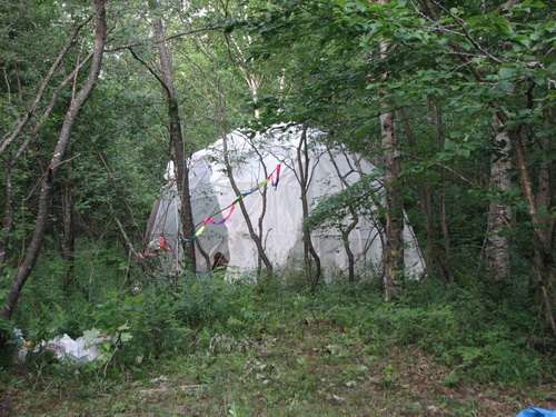 The tent setup of one of our more ambitious campers, a huge dome, ensconced in the wilderness greenery. 