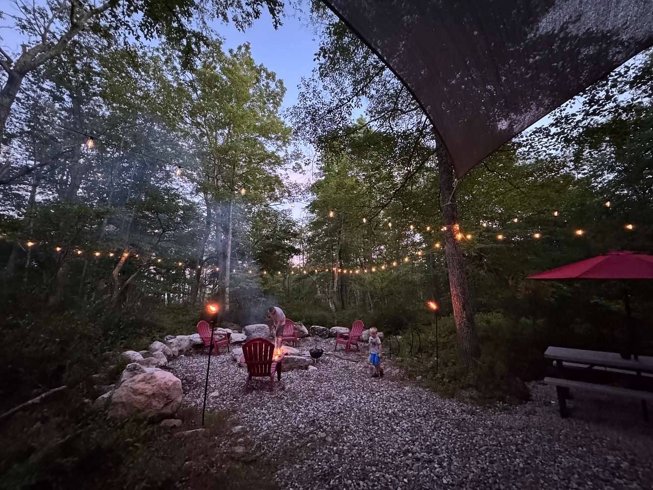 Night time fun!  Lights surround the entire camp. A remote makes it easy to turn on and off, or choose whatever setting you’d like. 