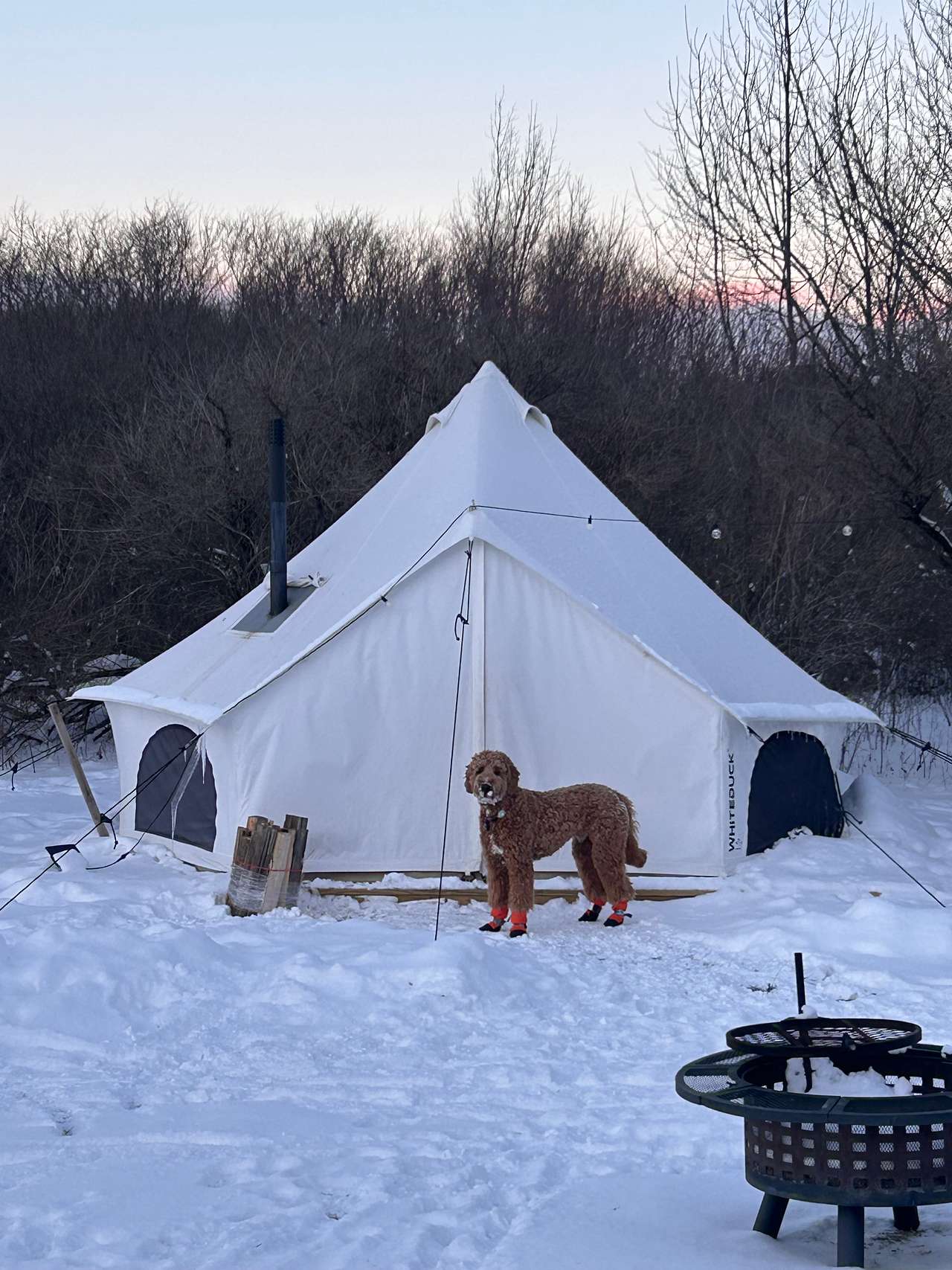 The tent with woodstove going.