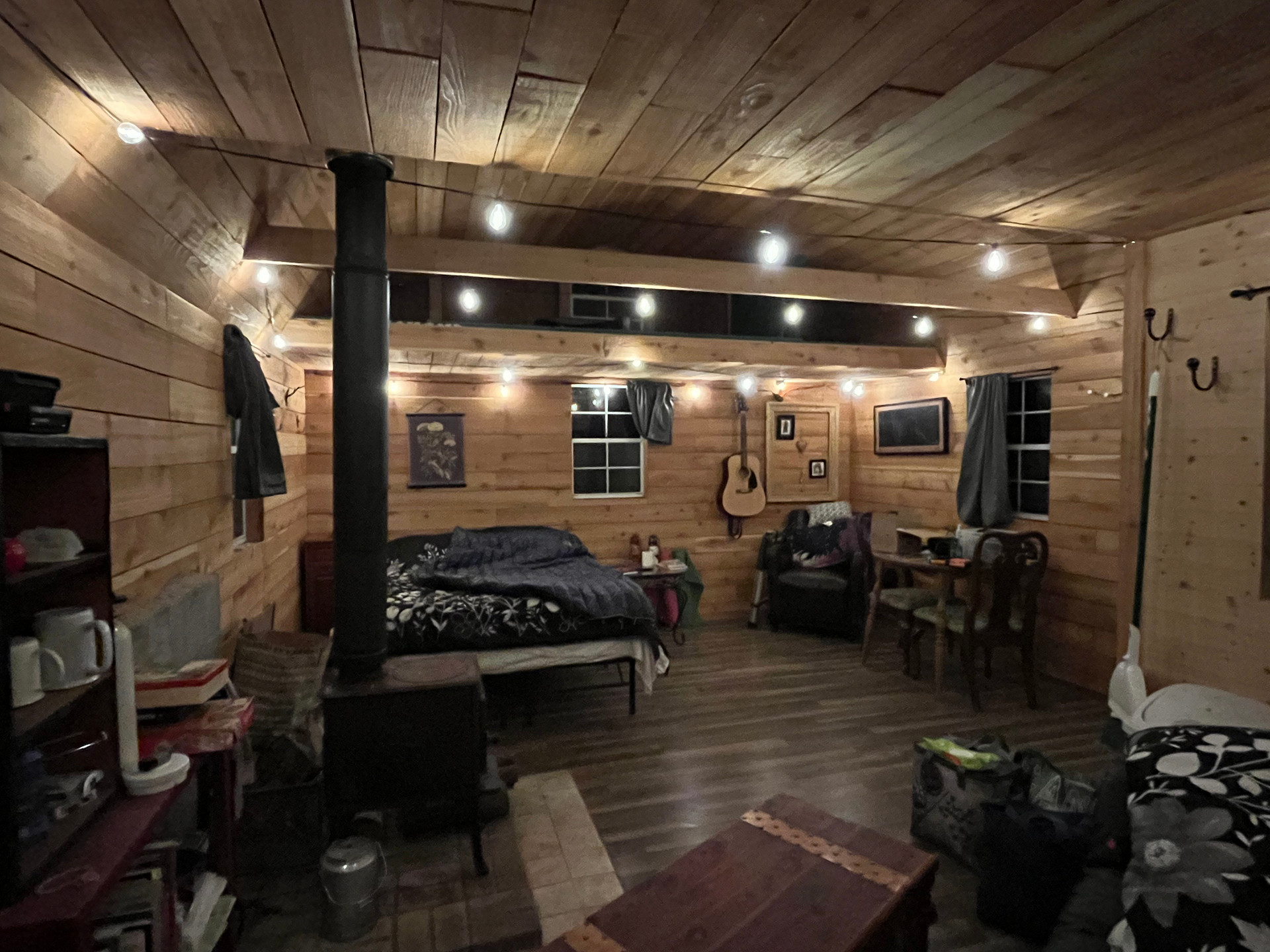 Cabin interior. Lights are powered by a generator (generator not provided). 