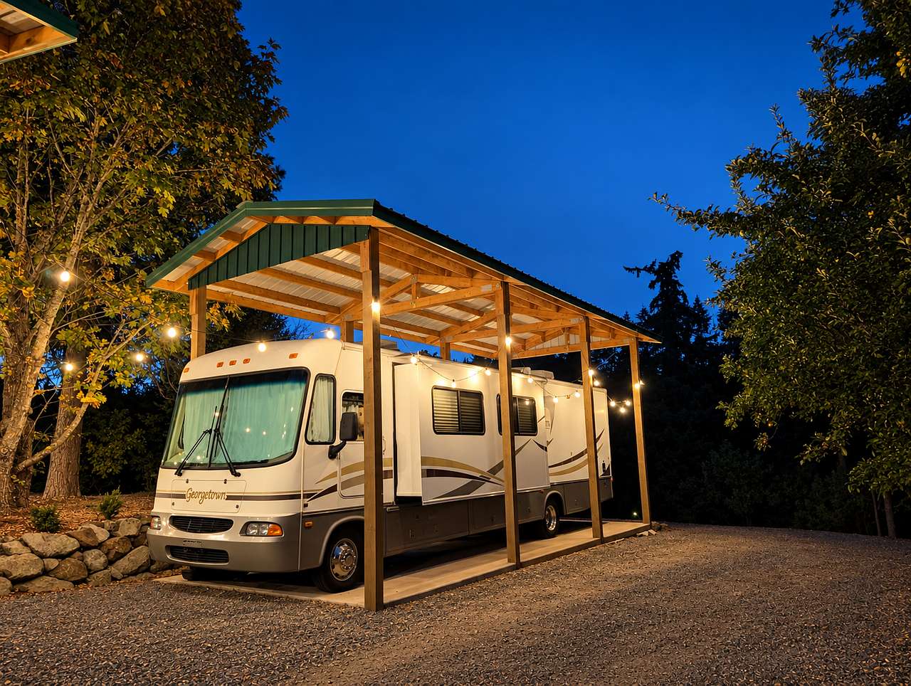 Blue-hour welcome to Georgie — tucked in for the night under her carport — string lights lit, deep dusk sky, dinner already smelling good on the pavilion grill. Edison lights on, dusk sky over the covered pad, five minutes off I-5 and worlds away from it. Rain or shine, your quiet stay waits under cover — dusk light, warm Edison glow, and a quiet Willamette Valley evening to yourself. If you are here in the rain, the drumming overhead is quite soothing for falling asleep.