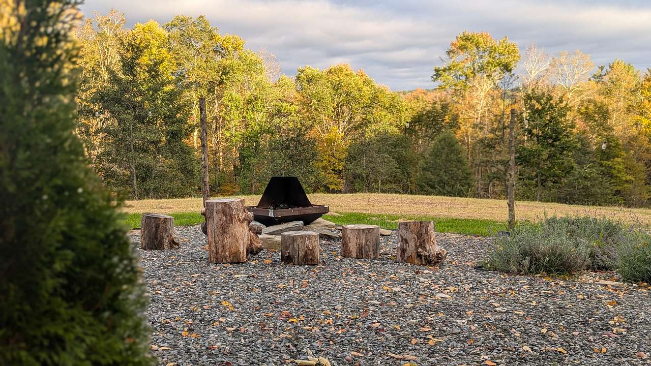 view of the fire pit in front of the cabin