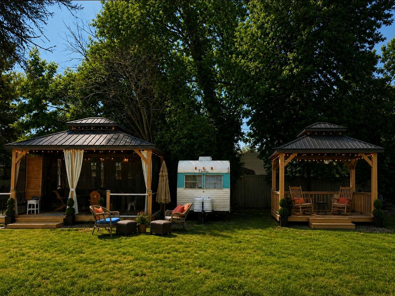 Spacious backyard featuring two covered gazebos with outdoor seating, a vintage Frolic camper between them, and an open grassy lawn