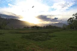 View to the west. There are two picnic tables and two firepits
