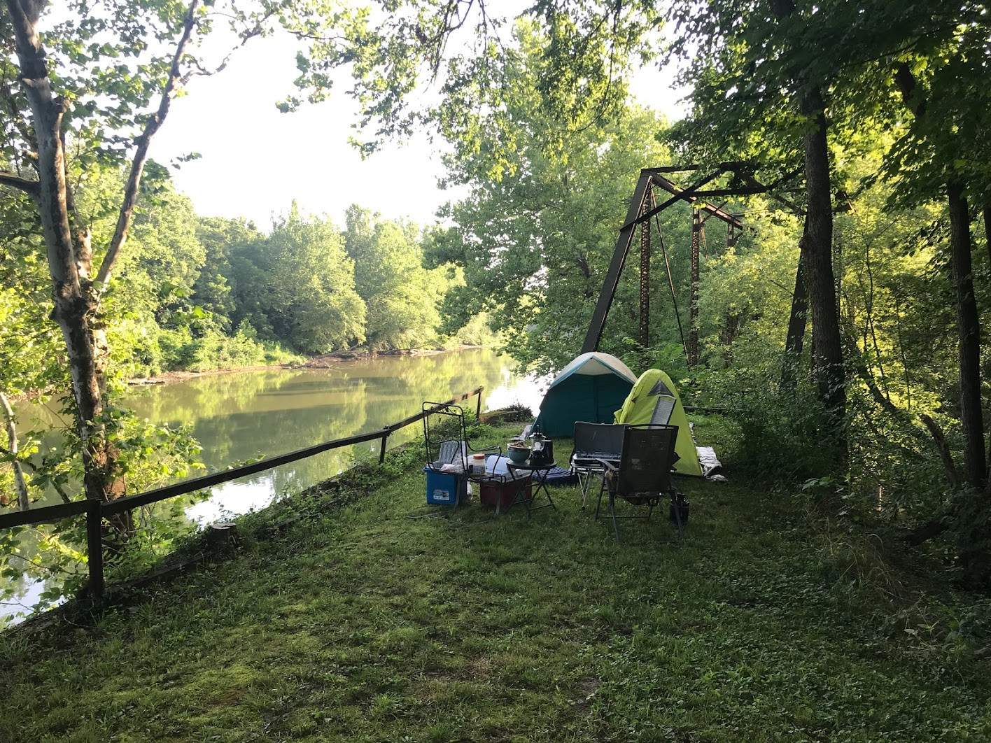 This is site 1. It is on the ridge near an old iron bridge, looking out over the Meramec River. This site is walkable, about 350 feet from parking on gravel drive (near my house) or one may park a vehicle or motorcycle at the campsite.